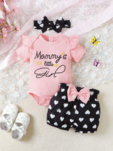 2pcs/Set Baby Girls' Cute Spring & Autumn Casual Round Neck Jumpsuit With Slogan Embroidery, Heart Print Shorts And Headband
